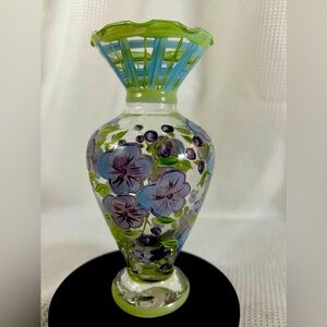 Vintage Tracy Porter hand painted glass bud vase blue, green